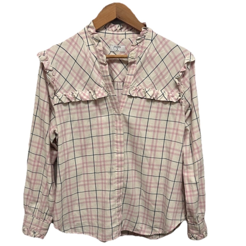 Untuckit Womens Josie Plaid Buttoned Ruffle Shirt Size Medium‎ Blouse Office Top
